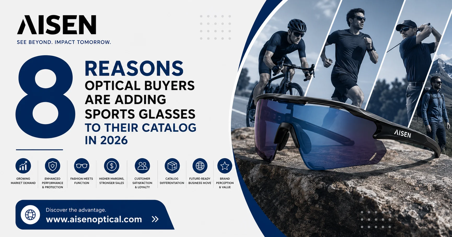 A display of premium sports sunglasses in multiple styles and lens colors, showcasing a modern wholesale collection for optical retailers and distributors seeking high-performance eyewear in 2026.