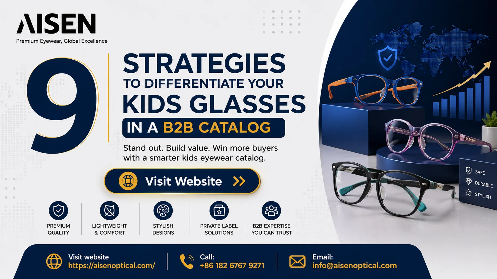 Kids Glasses B2B Catalog banner featuring premium children's eyewear and global wholesale solutions by Aisen Optical